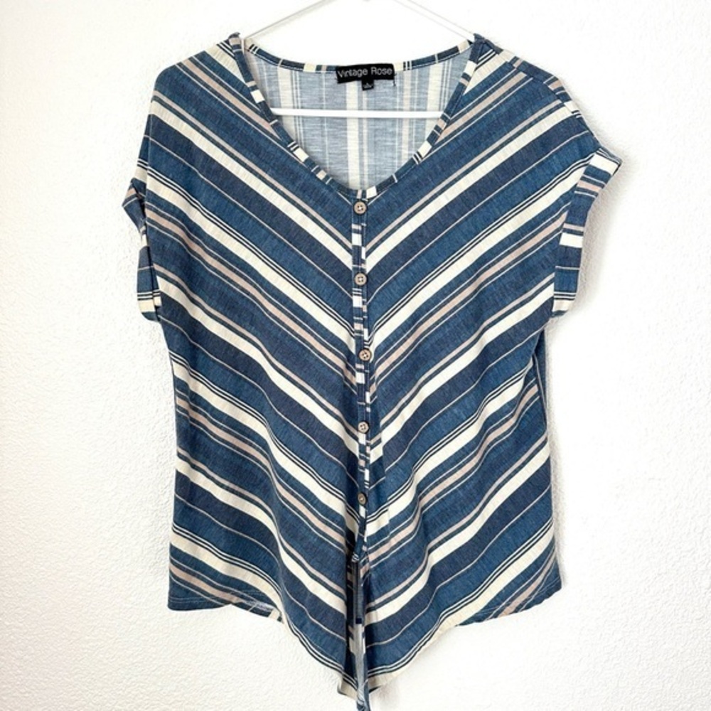 Vintage Rose Casual Top Women’s L Short Sleeve Striped Lightweight V-Neck Shirt